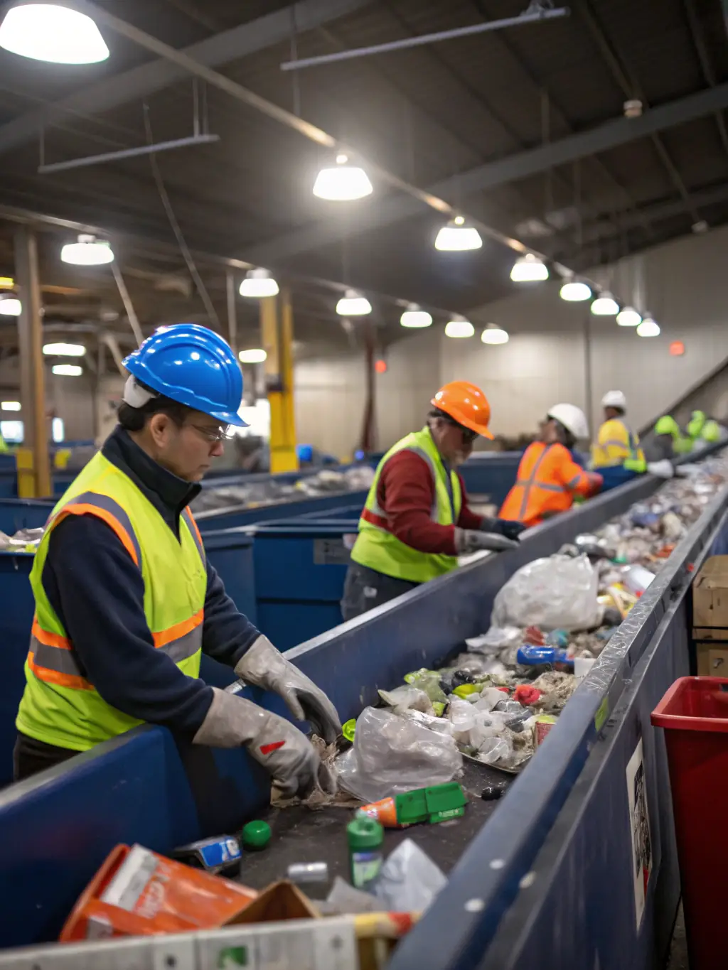 A waste management facility with recycling and sorting processes in action, emphasizing sustainable waste disposal practices.