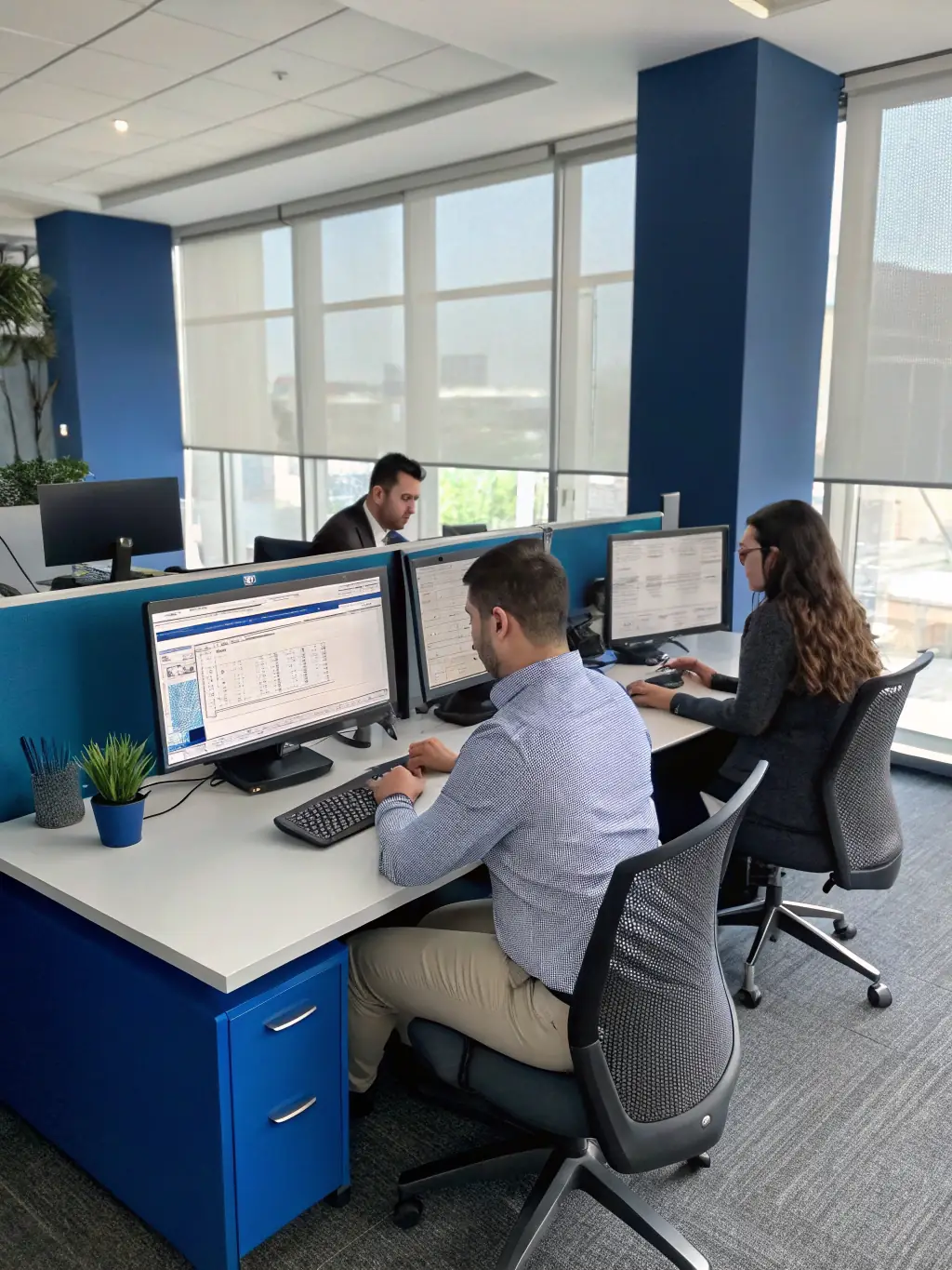 A professional office setting with employees efficiently managing paperwork and digital documents, representing RYU ENTERPRISES Inc.'s administrative support services.