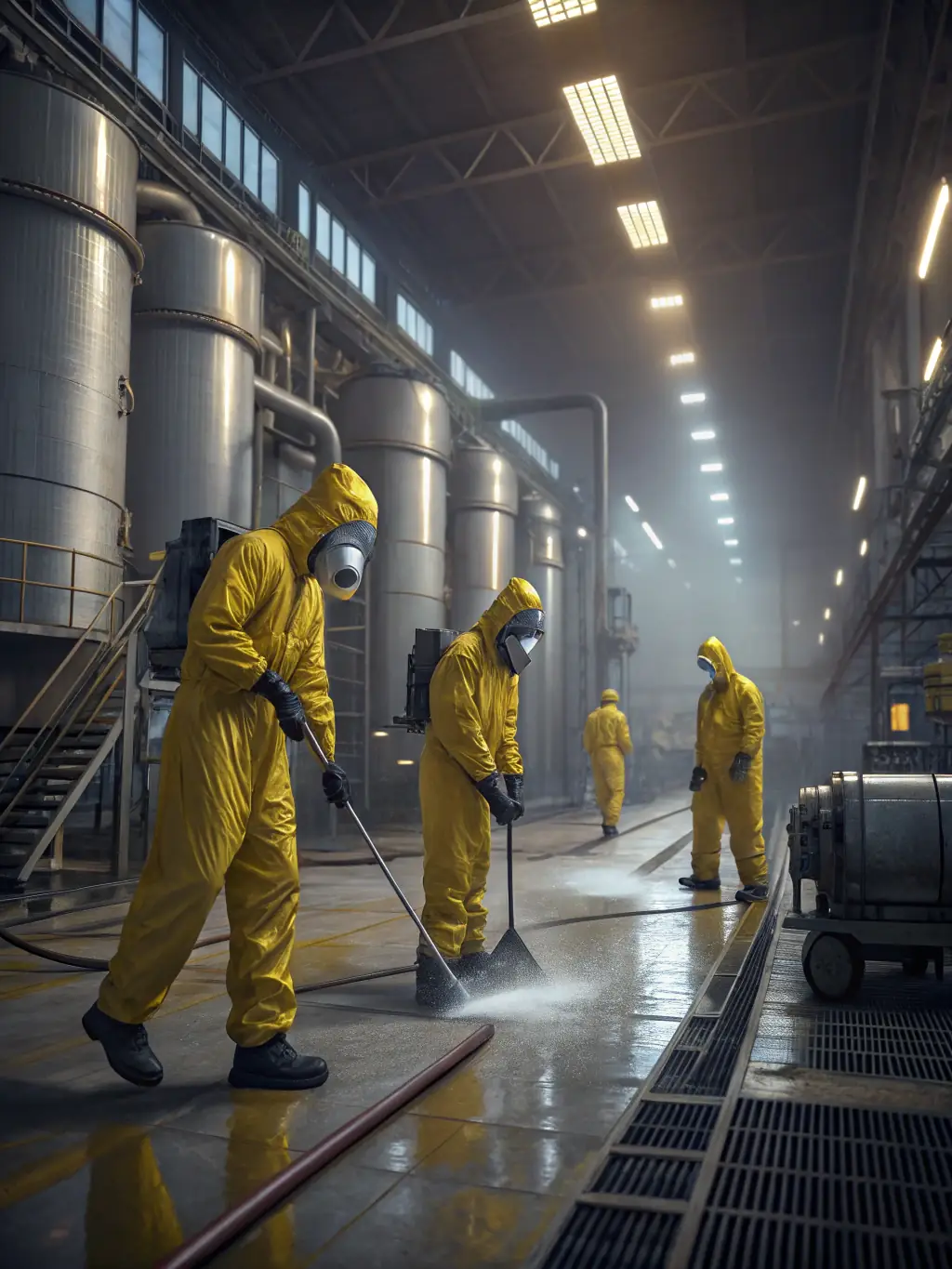 A team of environmental specialists in protective gear cleaning up a contaminated site, demonstrating RYU ENTERPRISES Inc.'s remediation services.