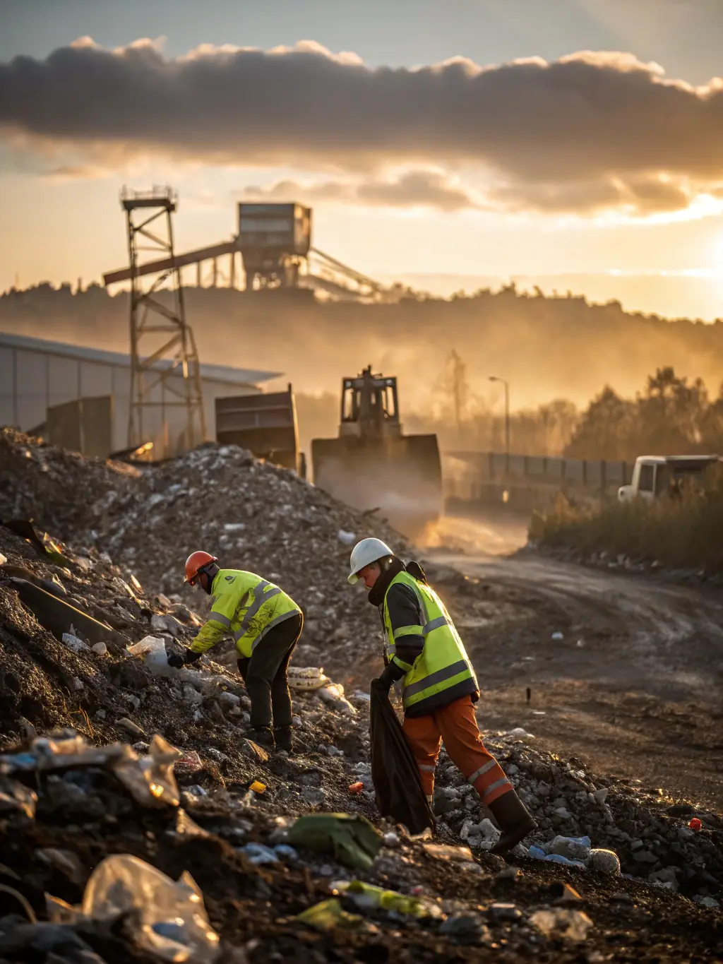 A landfill site being efficiently managed with waste being sorted and processed, reflecting RYU ENTERPRISES Inc.'s waste management services.