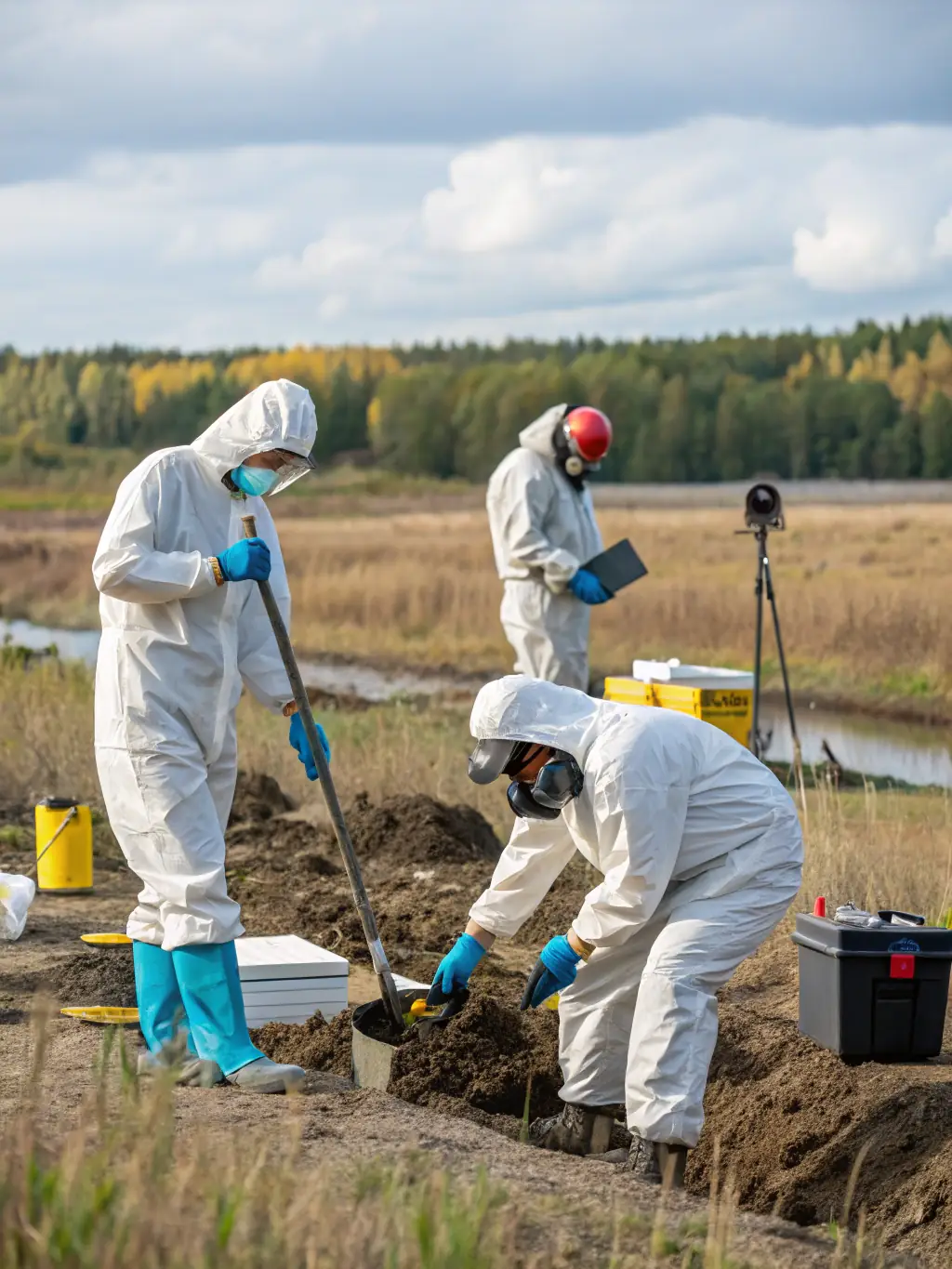 A team of environmental specialists conducting site remediation work, showcasing expertise in pollution control and cleanup.