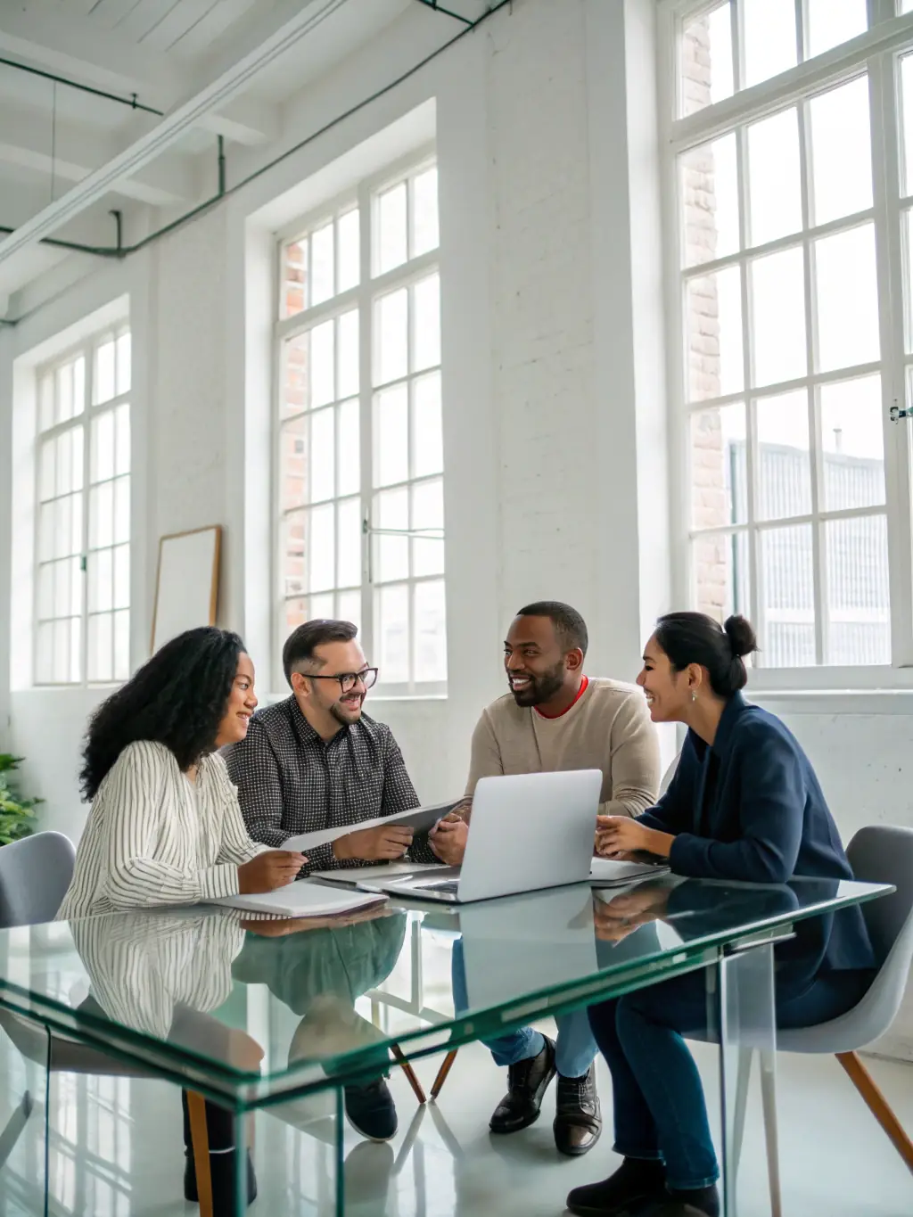 A professional office setting with diverse team members collaborating on administrative tasks, showcasing efficiency and teamwork.