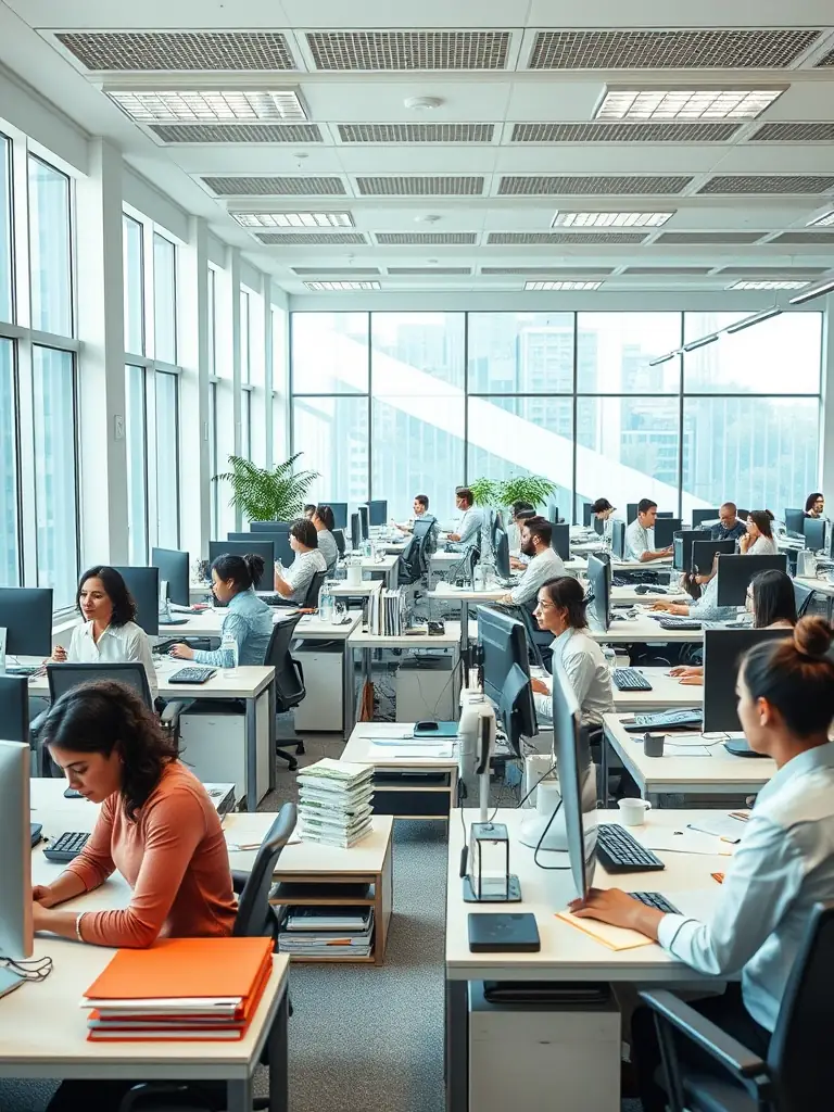 A clean and organized office space with employees efficiently managing paperwork and digital documents, representing administrative support services.